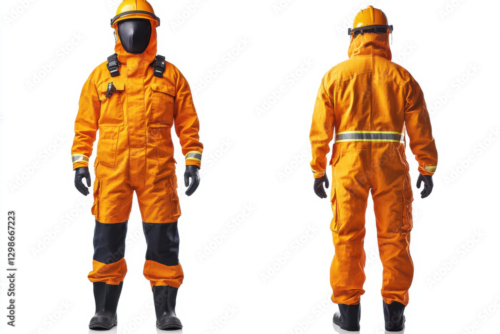 Fireproof safety suit on a white background, symbolizing protection in high-heat environments Fireproof safety suit on a white background, symbolizing protection in high-heat environments