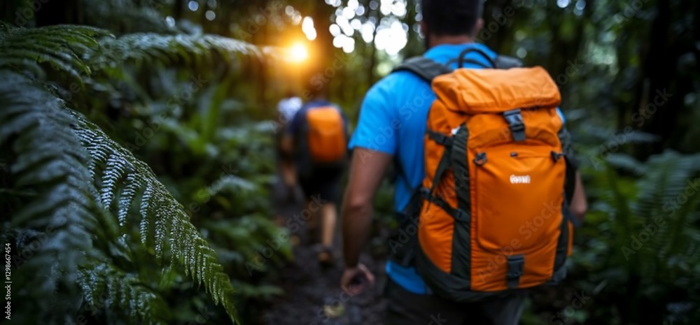 Naklejka premium Hikers trek jungle trail, sunset glow. Travel adventure