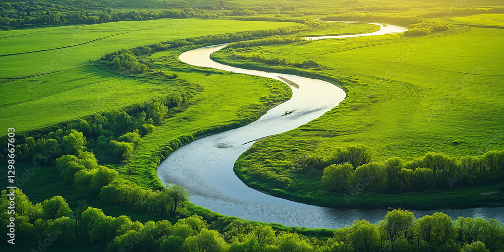 Serene river winding through vibrant green fields under a golden sunlight, nature's beauty. Serene river winding through vibrant green fields under a golden sunlight, nature's beauty.