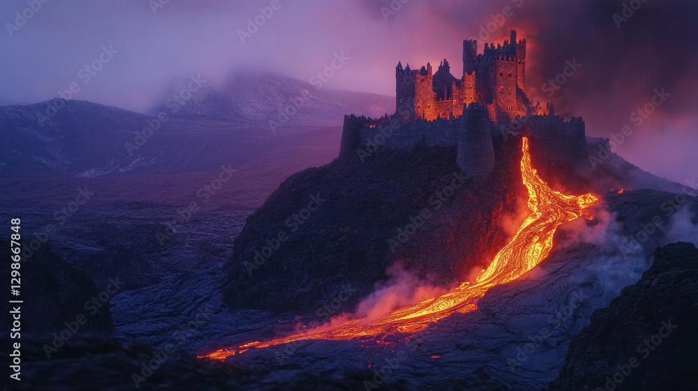 Fototapeta premium A majestic castle crowns a volcano, its stonework glowing in fiery light as lava flows down the slopes and smoke billows into the twilight sky.