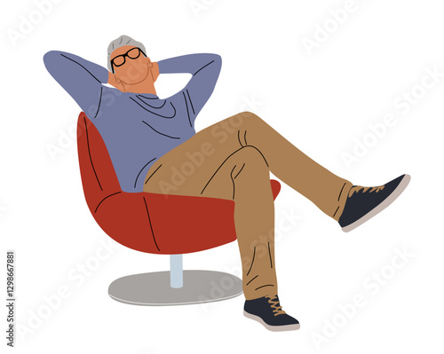 Senior man is sitting in a red chair with his legs crossed. He is wearing glasses and a blue sweater. Concept of relaxation and comfort. Flat vector illustration isolated on transparent  background