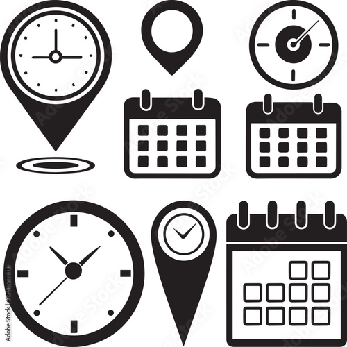 Time date address icon set.Location pin,direction fill icon,time,clock icon,calendar  icon with transparent background.