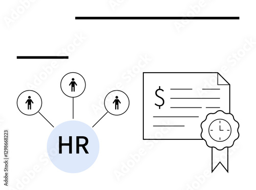 Network of three employees linked to HR circle, next to a financial certificate with a clock symbol on a ribbon. Ideal for HR management, employee relations, recruiting, professional growth, payroll