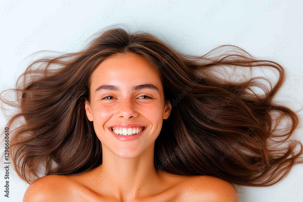 Fototapeta premium Smiling young woman with long, silky hair glowing skin. Radiant beauty, natural confidence, fresh look highlight health, wellness, happiness, creating vibrant cheerful portrait full of positive energy