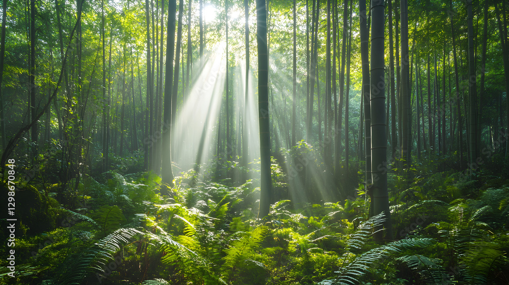 Fototapeta premium bamboo forest with an open, serene pathway lined with tall bamboo trees, sunlight streaming through the leaves and creating a peaceful, calming atmosphere 