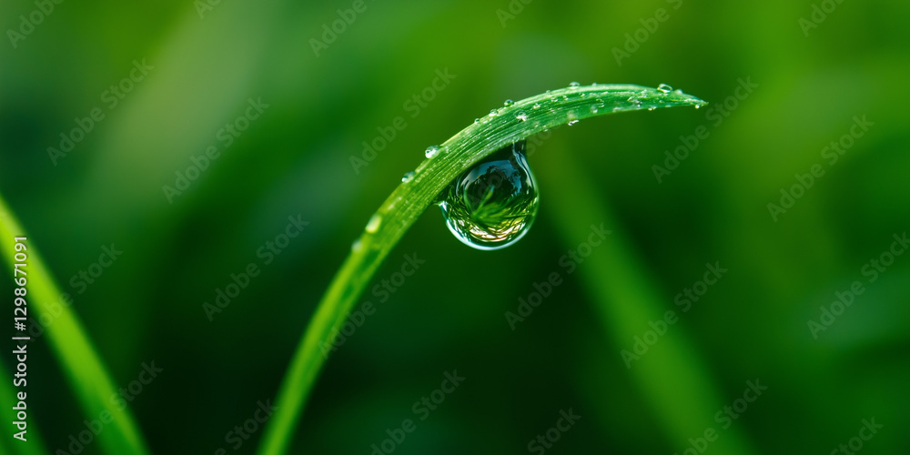 Water droplet clinging to blade of green grass with blurred background. Water droplet clinging to blade of green grass with blurred background.