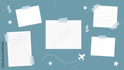 Vision board with several blank notes, an airplane with a dashed flight path, stars, and dollar symbols, symbolizing wealth, travel, and future aspirations