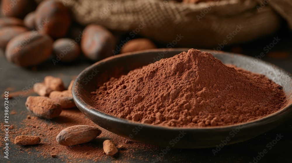 Natural Cocoa Powder in Dark Clay Bowl with Cocoa Beans Background Natural Cocoa Powder in Dark Clay Bowl with Cocoa Beans Background