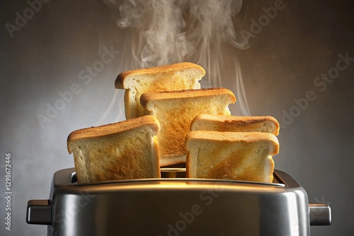 Crispy toast popping out of the toaster - golden slices of bread popping out of a hot toaster, light steam is visible. Emphasis on movement.