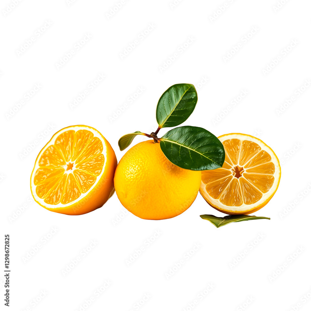 Whole bright lemons and half slices arranged isolated on transparent background Whole bright lemons and half slices arranged isolated on transparent background