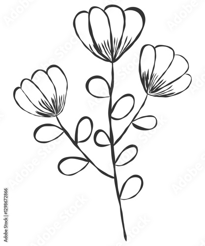 tiny wild flowers and plants line art botanical illustrations. Trendy greenery hand draw lines black ink sketches. vector illustration