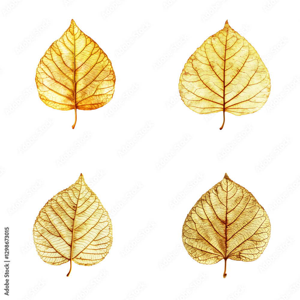 Obraz premium A Set of Golden leaf with intricate veins on isolated transparent background png