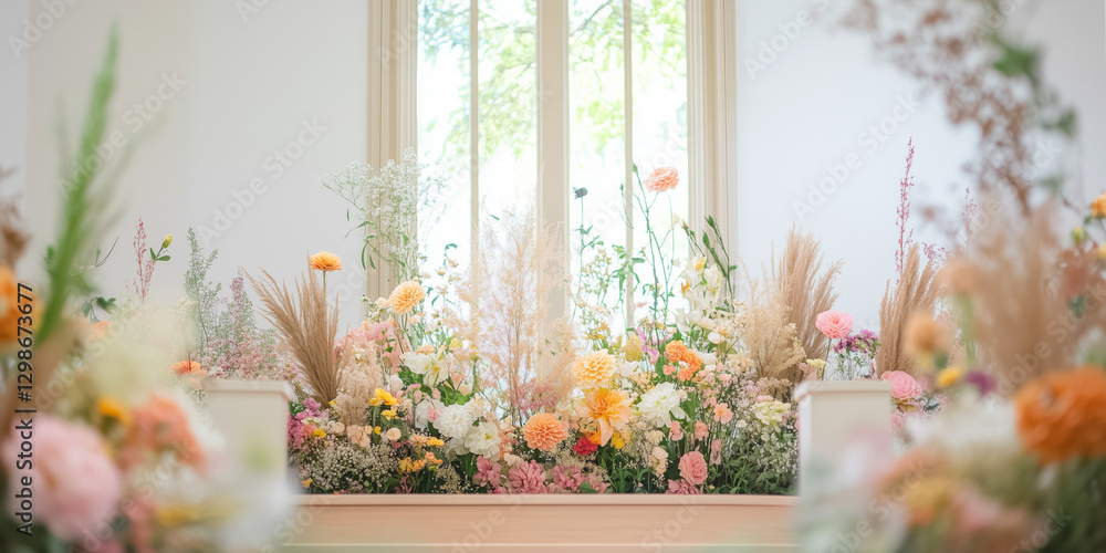 Floral window display with soft, natural light creating a romantic ambiance. Floral window display with soft, natural light creating a romantic ambiance.