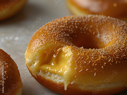 Close-up of a cimol generously filled with melted cheese. The donut has a golden-brown, slightly crispy exterior, and the cheese is oozing out from the inside. The texture of the cheese looks gooey an photo