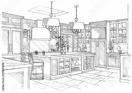 Hand drawn black and white concept sketch showing an interior.