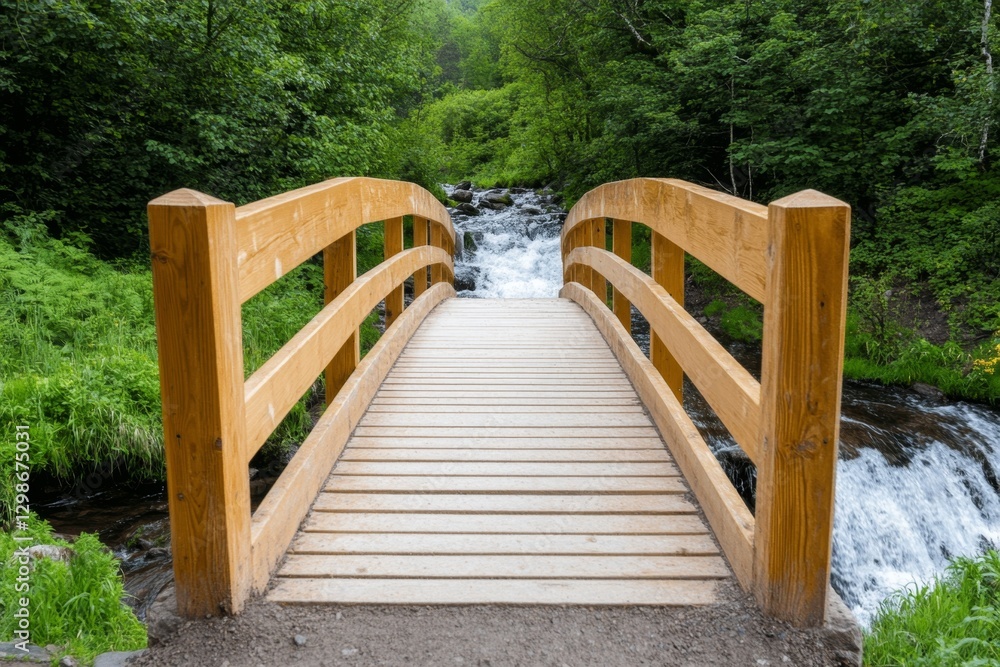 A waterfall crashing down with an old wooden bridge crossing above it A waterfall crashing down with an old wooden bridge crossing above it