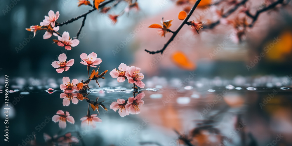Cherry blossoms reflect in still water, creating a serene and springtime scene. Cherry blossoms reflect in still water, creating a serene and springtime scene.