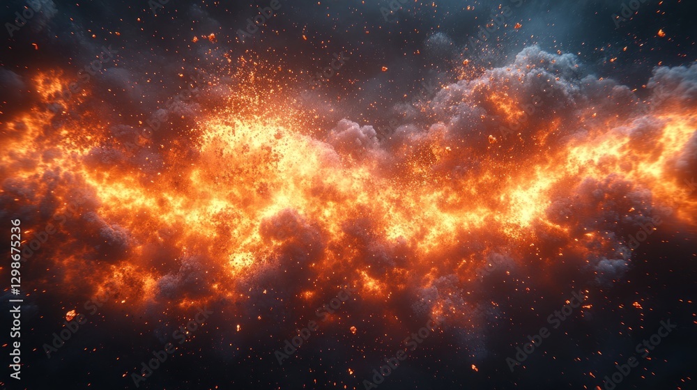 Fiery cloud formation explodes across stormy dark sky. Ash falls against a blurred nebulous background Fiery cloud formation explodes across stormy dark sky. Ash falls against a blurred nebulous background