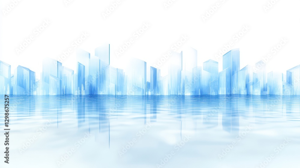 Fototapeta premium Cityscape Reflection: Serene, minimalist cityscape reflected in calm water, evoking a sense of peace and tranquility. The buildings are stylized, creating an abstract and dreamlike feel.