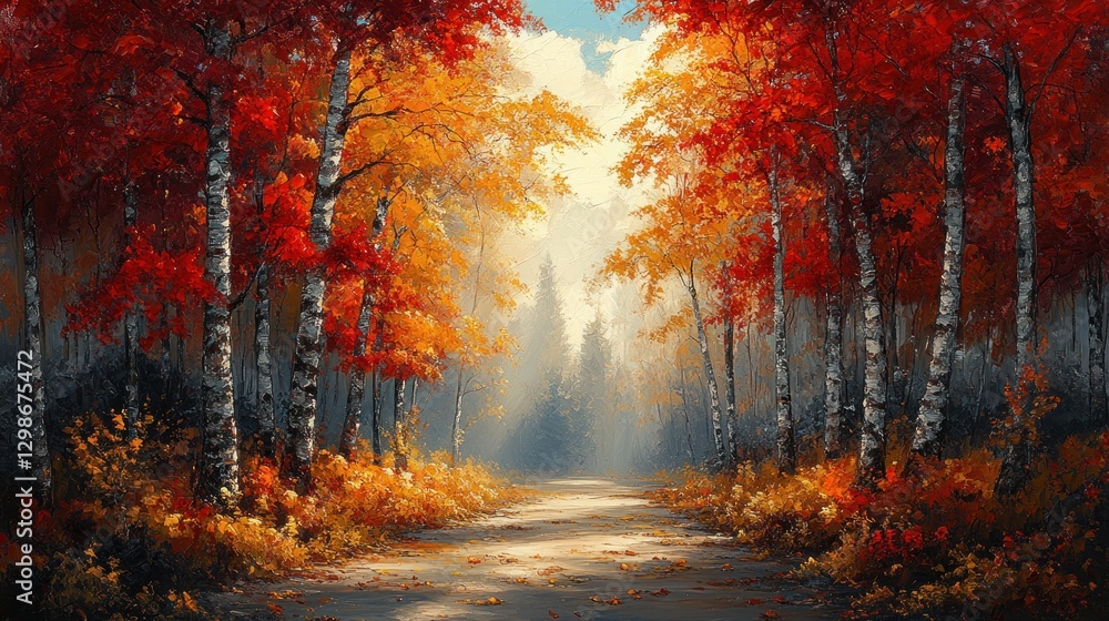 Forest path, autumn leaves changing, glowing in sunny landscape background Forest path, autumn leaves changing, glowing in sunny landscape background