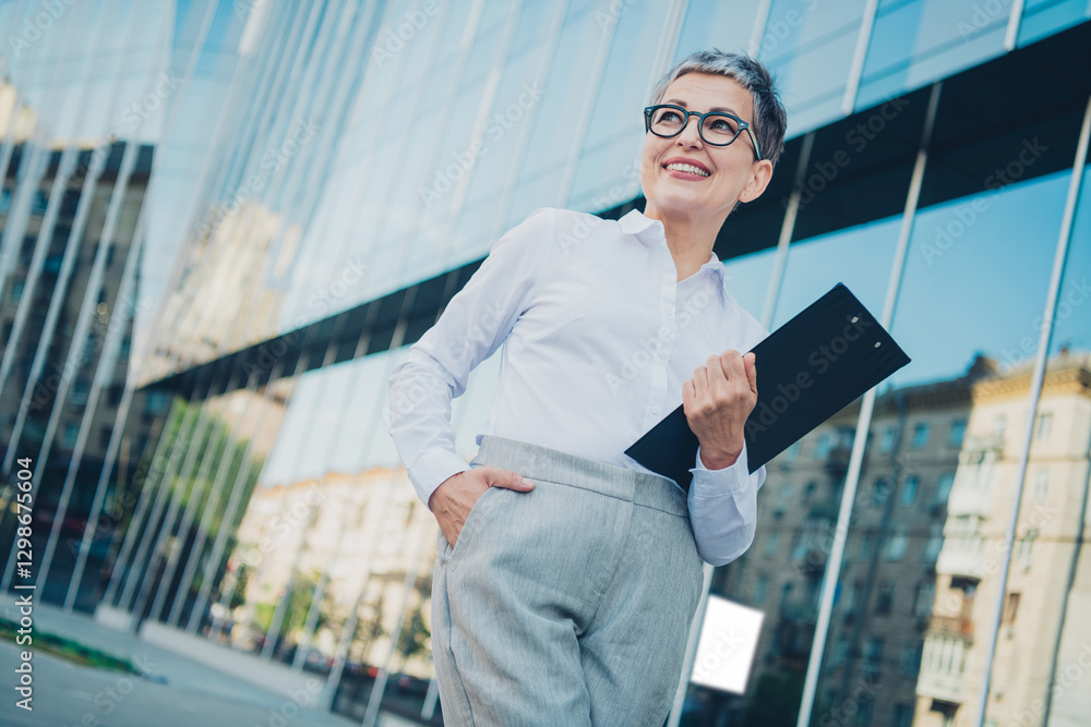 Confident mature woman with short grey hair wearing elegant business attire holding a document folder in an urban cityscape. Confident mature woman with short grey hair wearing elegant business attire holding a document folder in an urban cityscape.