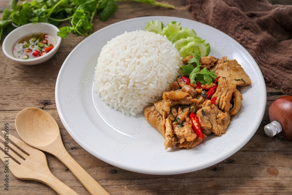 Deep Fried Pork and Garlic with rice in white plate on wooden background Deep Fried Pork and Garlic with rice in white plate on wooden background