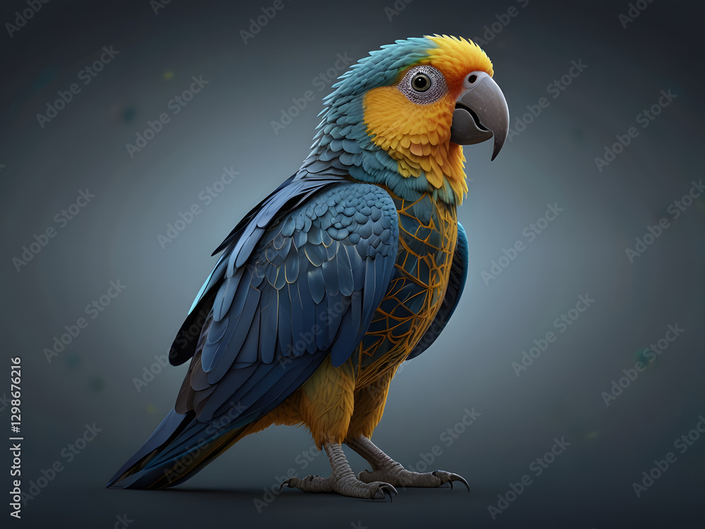 Obraz premium X-ray style illustration of a parrot, transparent body revealing internal anatomy, showing no vocal cords but highlighting the syrinx, scientific medical visualization, deep blue and gold color scheme