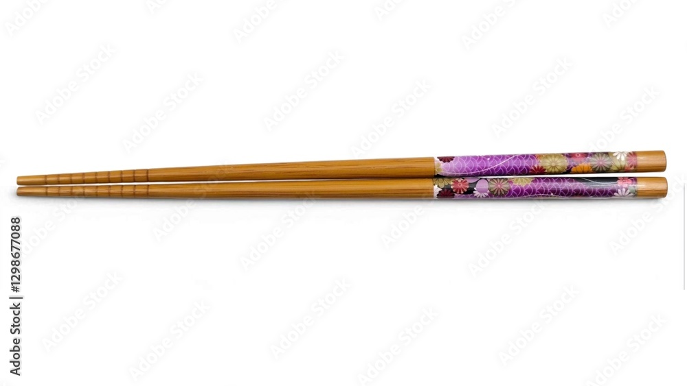 Top view of a pair of elegant bamboo chopsticks with a purple floral-patterned handle, showcasing traditional Asian craftsmanship and decorative design, isolated on white background. Top view of a pair of elegant bamboo chopsticks with a purple floral-patterned handle, showcasing traditional Asian craftsmanship and decorative design, isolated on white background.