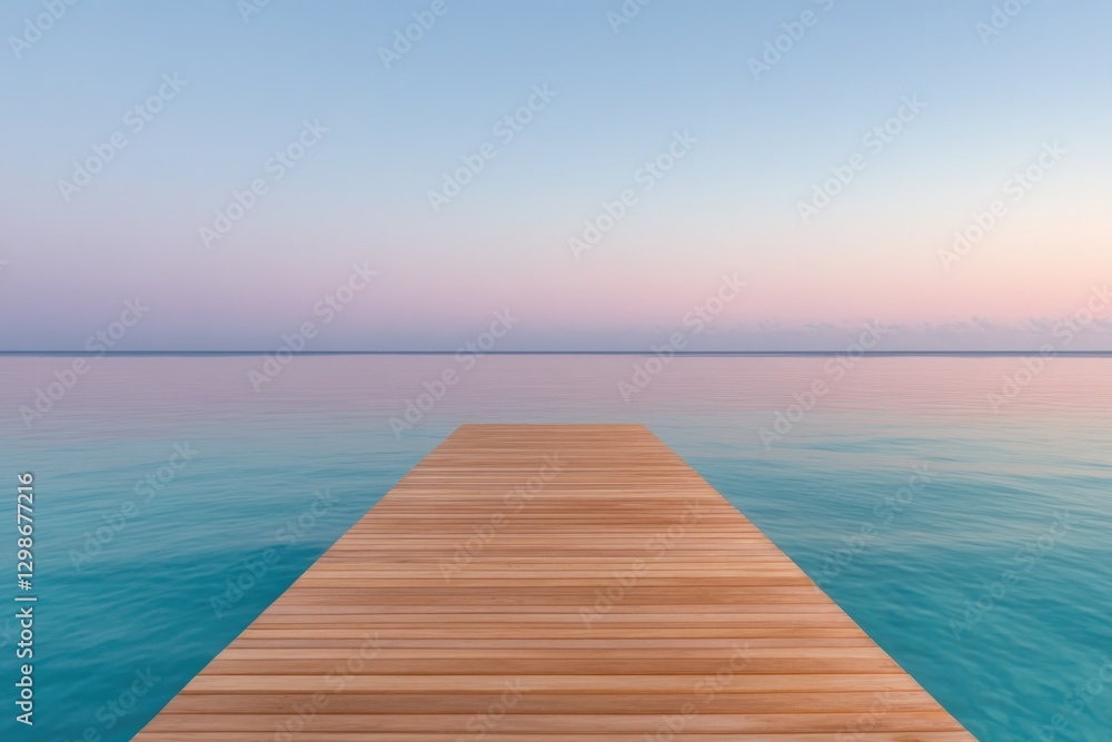 Fototapeta premium Serene wooden pier extends into tranquil waters, reflecting soft