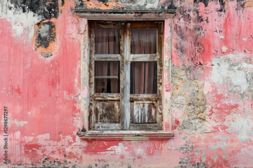 Pink concrete wall with old wooden window in european city. Detailed photo textured background Pink concrete wall with old wooden window in european city. Detailed photo textured background