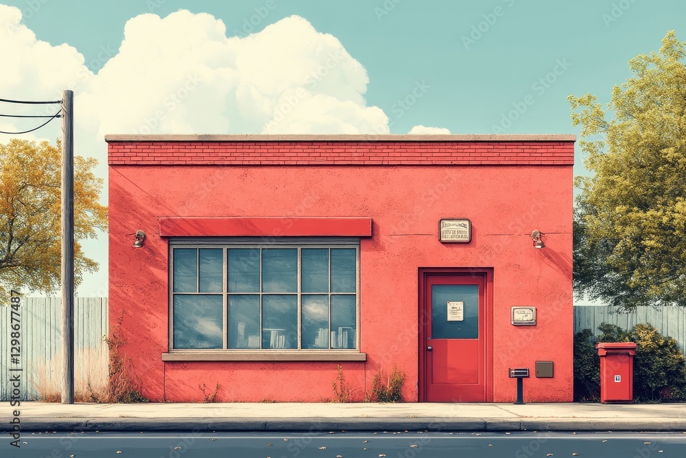 Bright Red Small Building with Large Windows, Set Against a Sky with White Clouds, Surrounded by Greenery and Fenced Area in a Peaceful Neighborhood Setting Bright Red Small Building with Large Windows, Set Against a Sky with White Clouds, Surrounded by Greenery and Fenced Area in a Peaceful Neighborhood Setting
