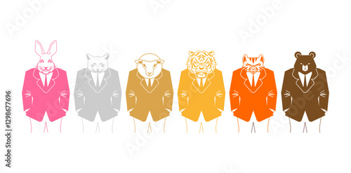 Animal businessman set. Hare and cat, lion and bear. Sheep and tiger in business suit