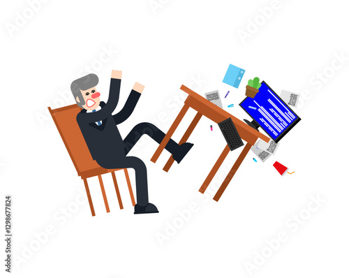 Angry manager overturns table. businessman throws table in anger. Concept Nervous breakdown at work. Frustrated office worker.