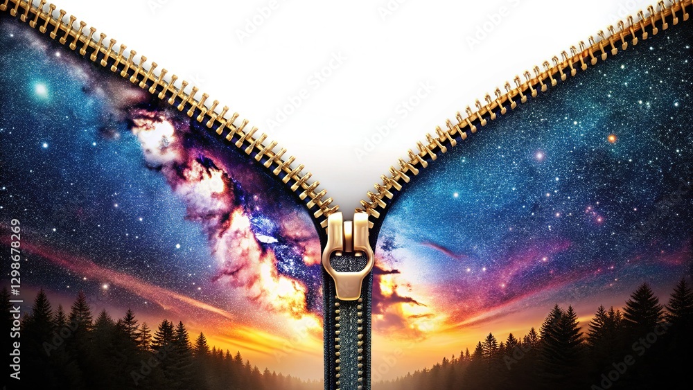Naklejka premium Obsidian luxury, double-exposed starry night zipper.