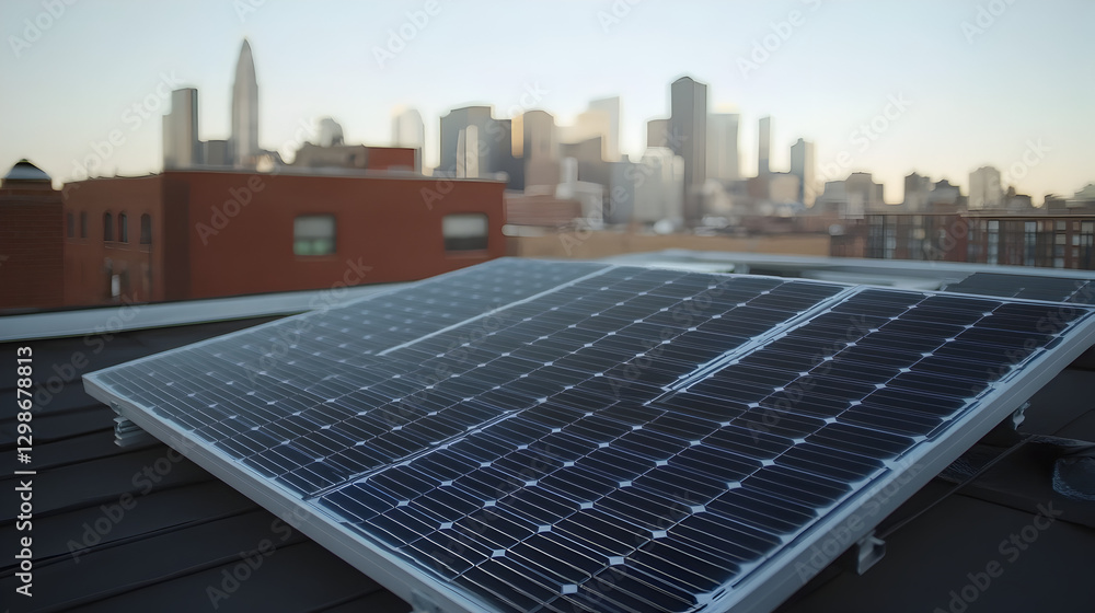 Fototapeta premium of solar panels on a rooftop, with a city skyline in the background and the panels reflecting the sunlight, symbolizing the shift towards green energy