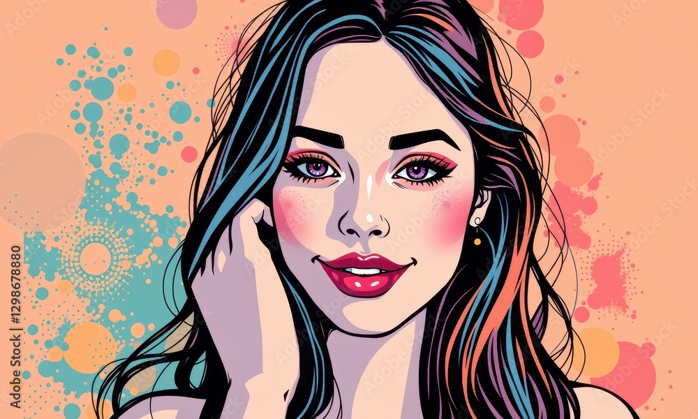 Vibrant Artistic Illustration of a Smiling Woman with Colorful Hair and Abstract Background Featuring Dots and Patterns in a Pop Art Style Vibrant Artistic Illustration of a Smiling Woman with Colorful Hair and Abstract Background Featuring Dots and Patterns in a Pop Art Style