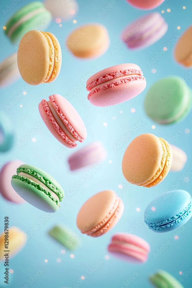 Colorful macaroon cookies falling over blue background. Generative Ai Colorful macaroon cookies falling over blue background. Generative Ai