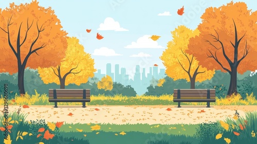 A serene autumn scene in a city park with vibrant orange and yellow foliage, empty benches, and a distant city skyline under a clear blue sky.