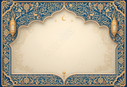 Elegant Islamic Background with Golden Lanterns, Ornate Floral Borders, and Blank Space for Ramadan, Eid, and Festive Greetings  