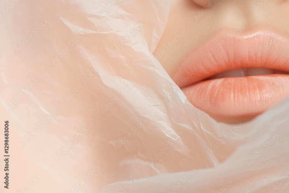 Fototapeta premium Soft, delicate lips partially concealed by translucent fabric, e
