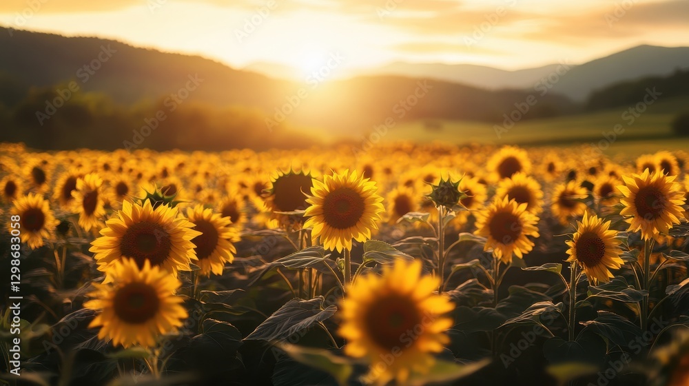 Obraz premium Sunflower Field at Sunset with Warm Glowing Light in Background