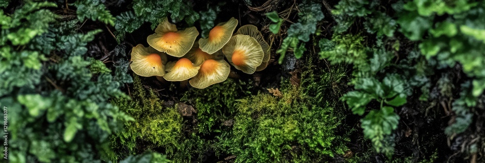 Cluster of vibrant wild mushrooms surrounded by lush green foliage in forest Cluster of vibrant wild mushrooms surrounded by lush green foliage in forest