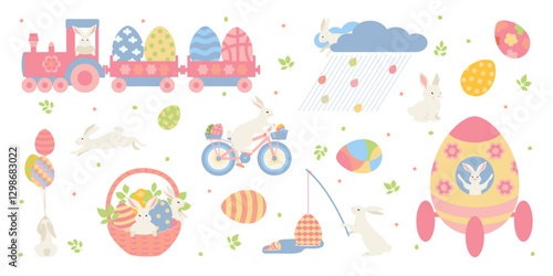 Set of Easter elements with bunnies. Fabulous scenes from the life of the Easter bunny. Cutie bunnies, colorful eggs, train, rocket, bike, basket, balloons. Unusual vector drawings.