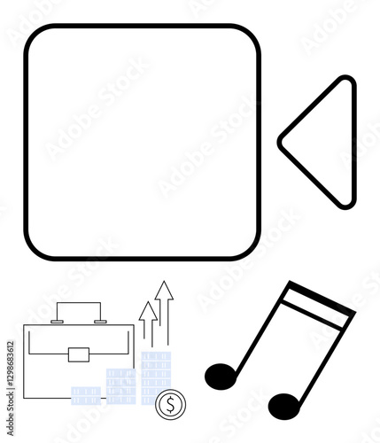 Video camera icon, music note, briefcase, chart showing upward growth, and coin. Ideal for multimedia, business growth, music industry, digital content corporate training financial success user