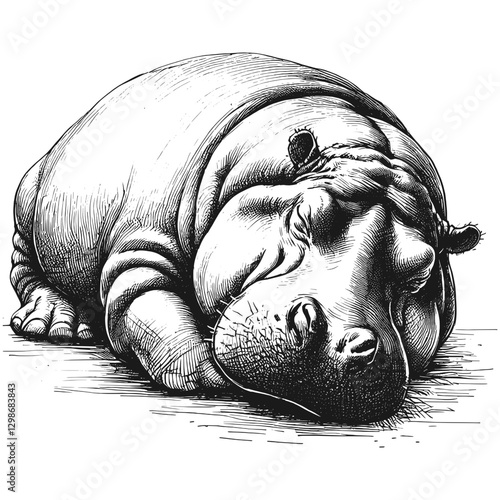 Hippo sleeping line art drawing ink sketch vector hand drawn illustration background tranquil twilight sleeping under the stars