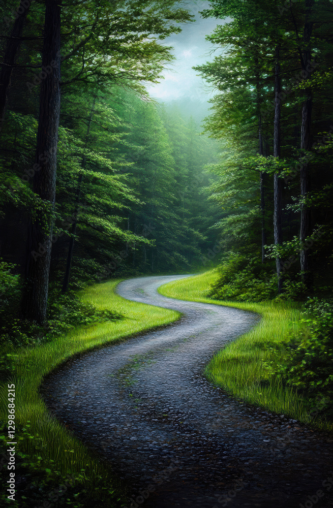 Obraz premium A winding gravel path meanders through a tranquil forest, embraced by lush greenery and soft, ethereal light filtering through the trees, inviting exploration and reflection.