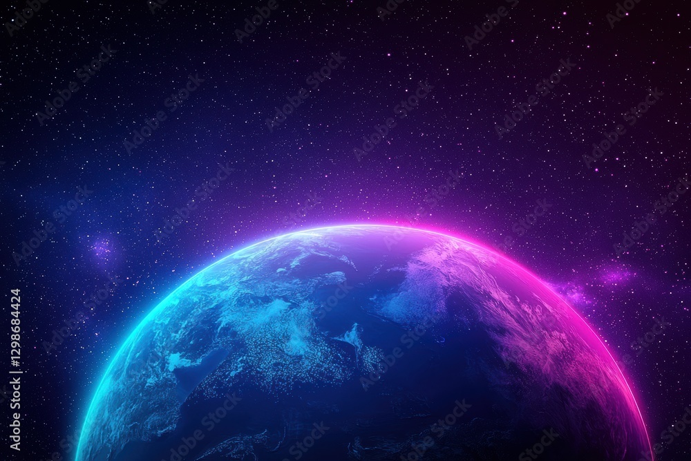 Fototapeta premium Earth planet glowing in a neon space background with stars