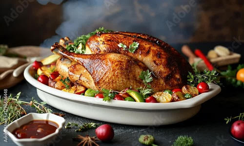 A beautifully roasted turkey garnished with herbs and vegetables, perfect for a festive meal.