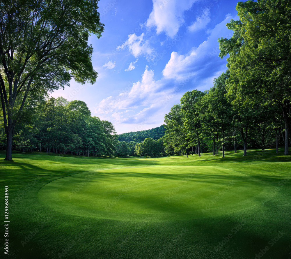 Obraz premium A tranquil golf course landscape surrounded by lush trees and under a clear blue sky, perfect for relaxation and enjoying nature's beauty.