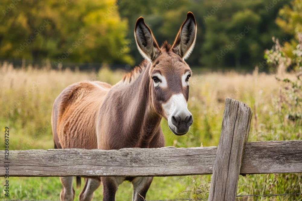 A calm donkey stands near a rustic wooden fence, surrounded by green fields and trees under a bright blue sky. This peaceful rural scene captures the tranquility of farm life A calm donkey stands near a rustic wooden fence, surrounded by green fields and trees under a bright blue sky. This peaceful rural scene captures the tranquility of farm life